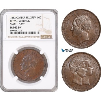 AF653, Belgium, Leopold I, 10 Centimes 1853, Copper, Royal Wedding, Small date, NGC MS62BN
