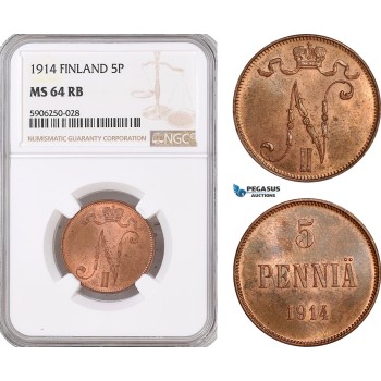 AF672, Finland, Nicholas II. of Russia, 5 Penniä 1914, NGC MS64RB