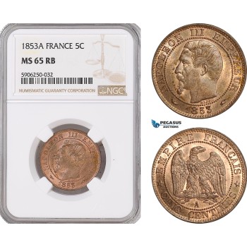 AF676, France, Napoleon III, 5 Centimes 1853-A, Paris, NGC MS65RB