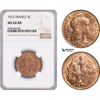 AF678, France, Third Republic, 5 Centimes 1912, NGC MS66RB, Top Pop!