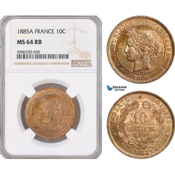 AF679, France, Third Republic, 10 Centimes 1885-A, Paris, NGC MS64RB