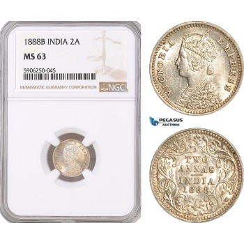 AF688, India (British) Victoria, 2 Annas 1888-B, Bombay, Silver, NGC MS63