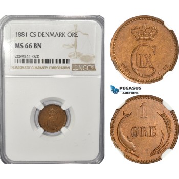 AF692, Denmark, Christian IX, 1 Øre 1881, Copenhagen, NGC MS66BN, Pop 1/0, Very Rare!