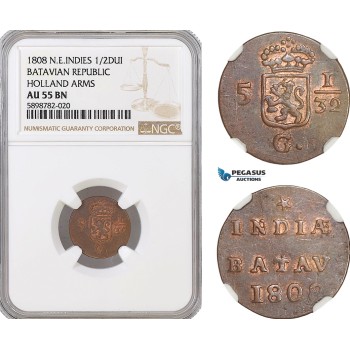 AF695, Netherlands East Indies, Batavian Rep. 1/2 Duit 1809, Holland Arms, NGC AU55BN