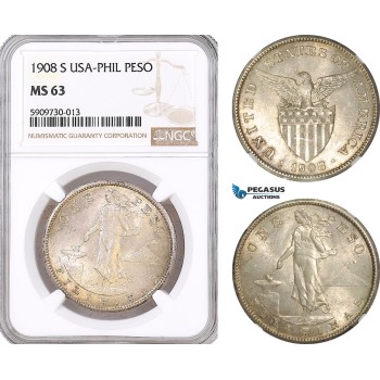 AF698, Philippines (US Administration) Peso 1908-S, San Francisco, Silver, NGC MS63 AF698, Philippines (US Administration) Peso 1908-S, San Francisco, Silver, NGC MS63