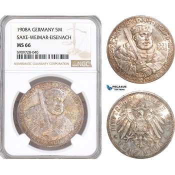 AF709, Germany, Saxe-Weimar-Eisenach, 5 Mark 1908-A, Berlin, Silver, NGC MS66