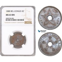 AF716, Belgian Congo, Leopold II, 2 Centimes 1888, NGC MS63RB