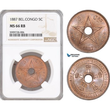 AF717, Belgian Congo, Leopold II, 5 Centimes 1887, NGC MS66RB, Pop 2/0