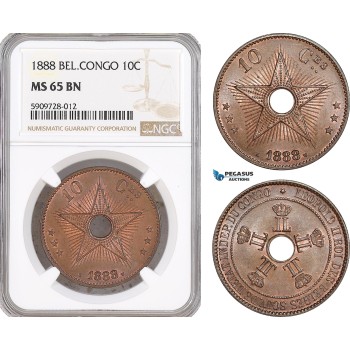 AF723, Belgian Congo, Leopold II, 10 Centimes 1888, NGC MS65BN