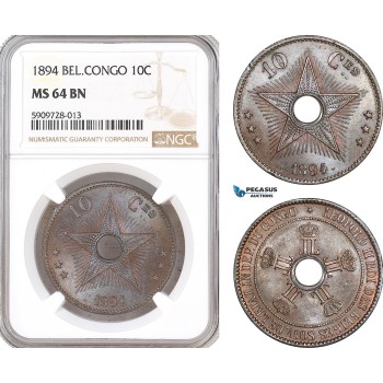 AF724, Belgian Congo, Leopold II, 10 Centimes 1894, NGC MS64BN