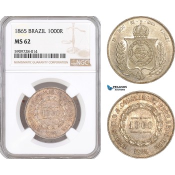 AF726, Brazil, Pedro II, 1000 Reis 1865, Silver, NGC MS62