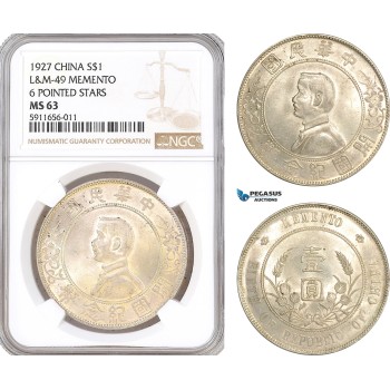 AF738, China, Memento Dollar 1927, Silver, L&M-49, NGC MS63