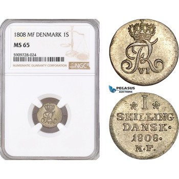 AF739, Denmark, Frederik VI, 1 Skilling 1808 MF, Copenhagen, Silver, NGC MS65