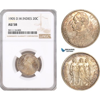 AF742, Danish West Indies, Christian IX, 1 Franc / 20 Cents 1905, Copenhagen, Silver, NGC AU58