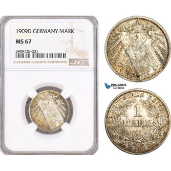 AF748, Germany, Wilhelm II, 1 Mark 1909-D, Munich, Silver, NGC MS67, Pop 1/0