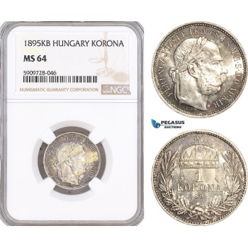 AF763, Hungary, Franz Joseph, 1 Korona 1895-KB, Kremnitz, Silver, NGC MS64