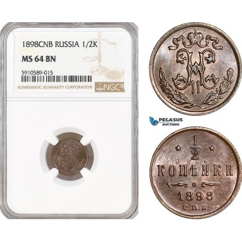 AF793, Russia, Nicholas II, 1/2 Kopek 1898, St. Petersburg, NGC MS64BN