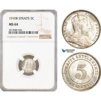 AF812, Straits Settlements, Edward VII, 5 Cents 1910-B, Bombay, Silver,  NGC MS64