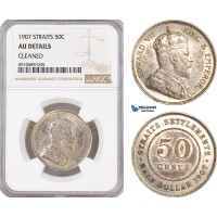 AF813, Straits Settlements, Edward VII, 50 Cents 1907, Silver,  NGC AU Det.