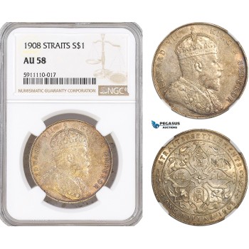 AF814, Straits Settlements, Edward VII, Dollar 1908, Bombay, Silver,  NGC AU58