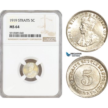 AF816, Straits Settlements, George V, 5 Cent 1919, Silver,  NGC MS64