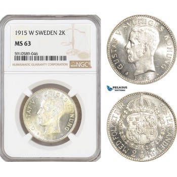 AF818, Sweden, Gustaf V, 2 Kronor 1915, Stockholm, Silver, NGC MS63