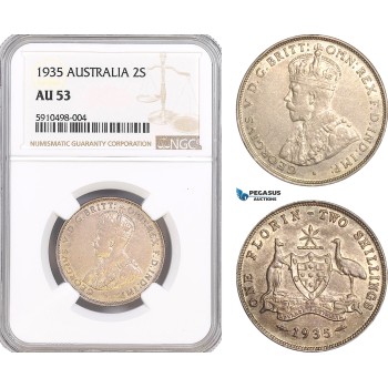 AF832, Australia, George V, 2 Shillings 1935, Silver, NGC AU53