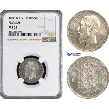 AF836, Belgium, Leopold II, 1 Franc 1886, Brussels, Silver, Flemish Leg. NGC MS64