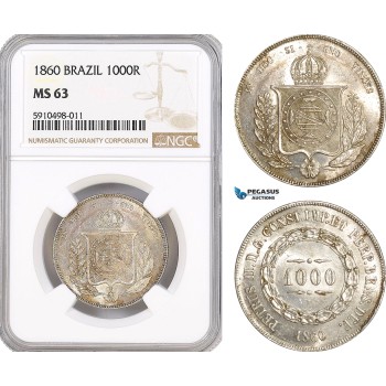 AF840, Brazil, Pedro II, 1000 Reis 1860, Silver, NGC MS63