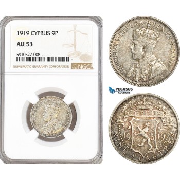 AF872, Cyprus, George V, 9 Piastres 1919, London, Silver, NGC AU53