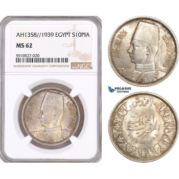 AF878, Egypt, Farouk, 10 Piastres AH1358 / 1939, Silver, NGC MS62