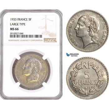 AF900, France, Third Republic, 5 Francs 1933, Large Type, NGC MS66, Pop 1/1