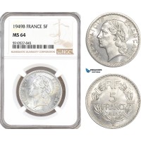 AF901, France, Fourth Republic, 5 Francs 1949-B, Beaumont-le-Roger, NGC MS64, Pop 3/1
