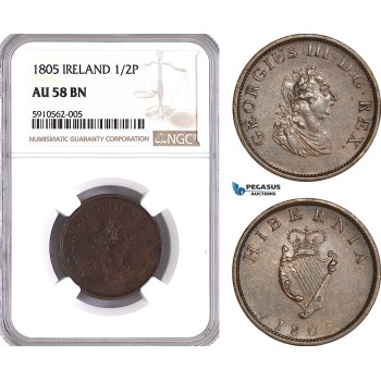 AF911, Ireland, George III, Half­ Penny 1805, Soho (Birmingham) Copper, NGC AU58BN
