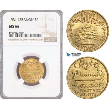 AF915, Lebanon, 5 Piastres 1931, NGC MS66, Pop 1/0