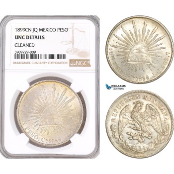AF929, Mexico, Peso 1899 Cn JQ, Culiacán, Silver, NGC UNC Det.