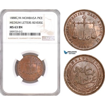 AF933, Mombasa, Pice 1888 C/M Medium Letters Reverse NGC MS63BN
