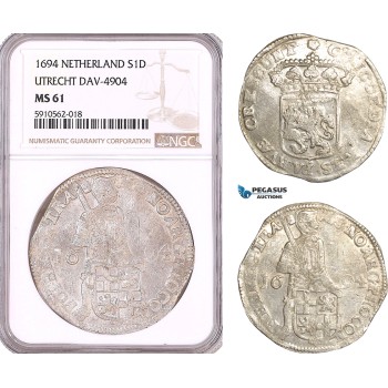 AF940, Netherlands, Utrecht, Silver Ducat 1694, Silver, Dav-4904, NGC MS61, Pop 1/1