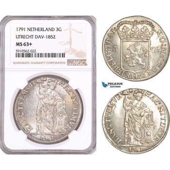 AF944, Netherlands, Utrecht, 3 Gulden 1791, Dav-1852, Silver, NGC MS63+, Pop 1/0