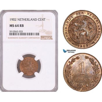 AF954, Netherlands, Wilhelmina, 1 Cent 1902, NGC MS64RB, Pop 1/0