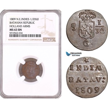 AF955, Netherlands East Indies, Batavian Rep. 1/2 Duit 1809, Holland Arms, NGC MS63BN