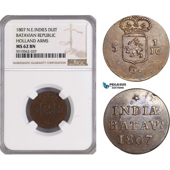 AF956, Netherlands East Indies, Batavian Rep. 1 Duit 1807, Holland Arms, NGC MS62BN, Pop 1/0