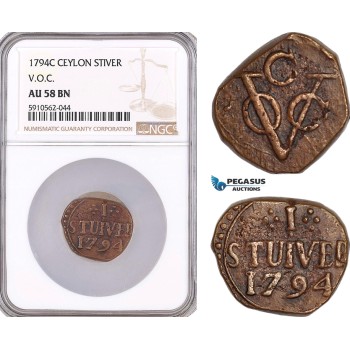 AF960, Netherlands East Indies, VOC, Ceylon (Sri Lanka), 1 Stiver 1794-C, VOC, NGC AU58BN, Pop 1/0