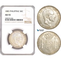AF980, Philippines, Spanish Administration, Alfonso XII, 50 Centimos 1883, Silver, NGC AU55, Pop 2/0