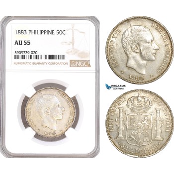 AF980, Philippines, Spanish Administration, Alfonso XII, 50 Centimos 1883, Silver, NGC AU55, Pop 2/0