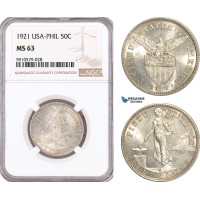AF985, Philippines (US Administration) 50 Centavos 1921, Silver, NGC MS63
