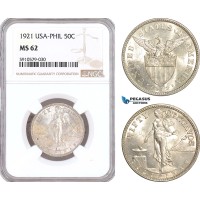 AF987, Philippines (US Administration) 50 Centavos 1921, Silver, NGC MS62