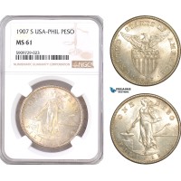 AF989, Philippines (US Administration) Peso 1907-S, San Francisco, Silver, NGC MS61 AF989, Philippines (US Administration) Peso 1907-S, San Francisco, Silver, NGC MS61