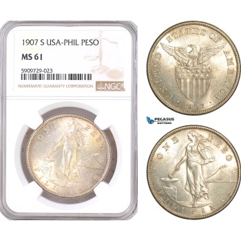 AF989, Philippines (US Administration) Peso 1907-S, San Francisco, Silver, NGC MS61 AF989, Philippines (US Administration) Peso 1907-S, San Francisco, Silver, NGC MS61