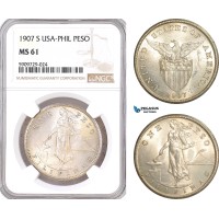 AF990, Philippines (US Administration) Peso 1907-S, San Francisco, Silver, NGC MS61 AF990, Philippines (US Administration) Peso 1907-S, San Francisco, Silver, NGC MS61